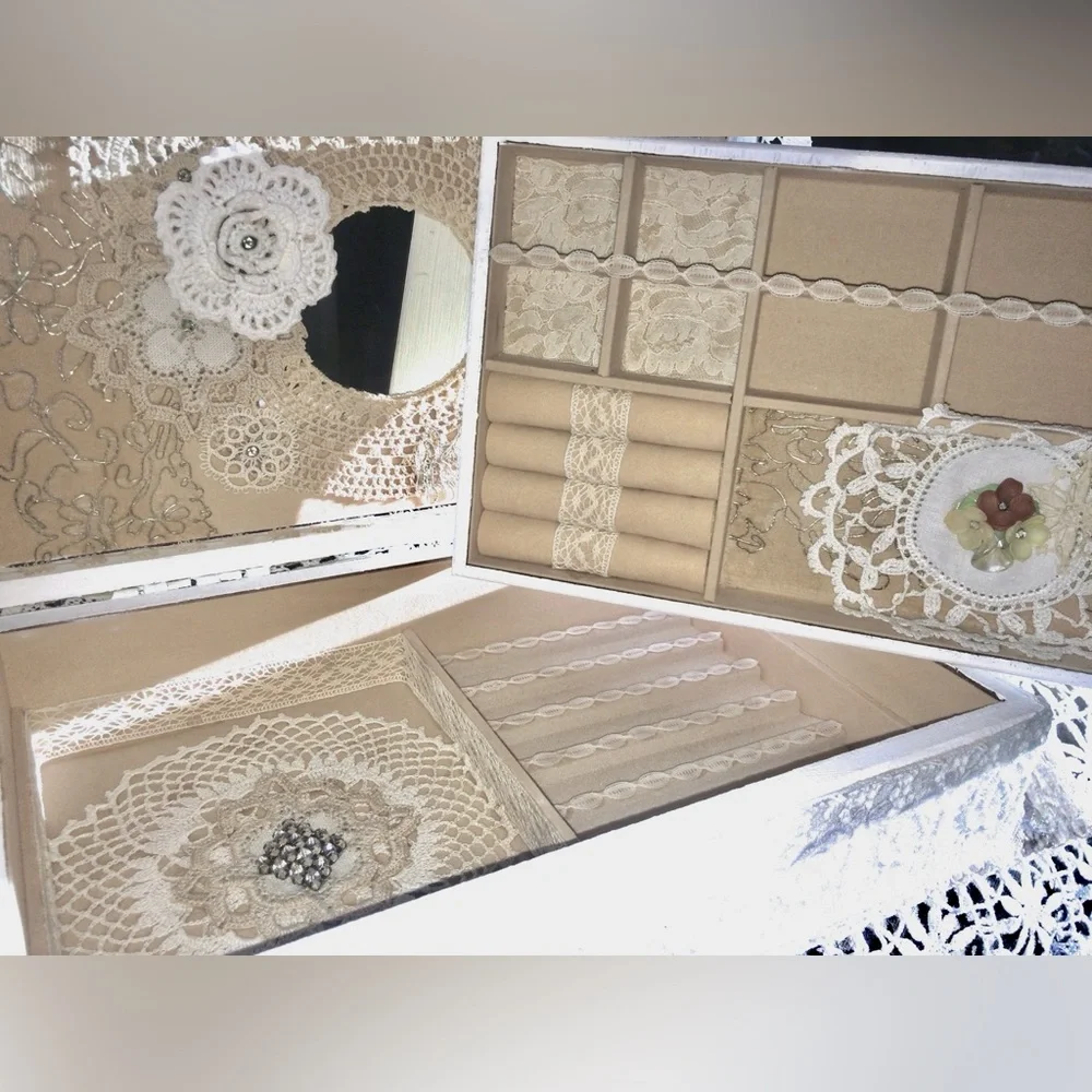 Handmade Large Jewelry Box Vintage Lace & Jewelry FLOWER BOUQUET Single Tray NWT